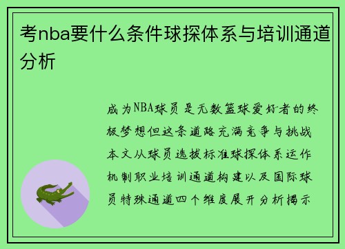 考nba要什么条件球探体系与培训通道分析